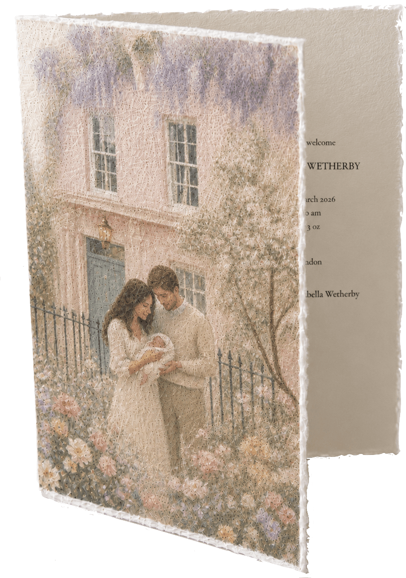 A bespoke watercolour baby announcement card from Ottilie Paperie, shown folded open with the painted illustration on the outside and the inside left blank for your personal message