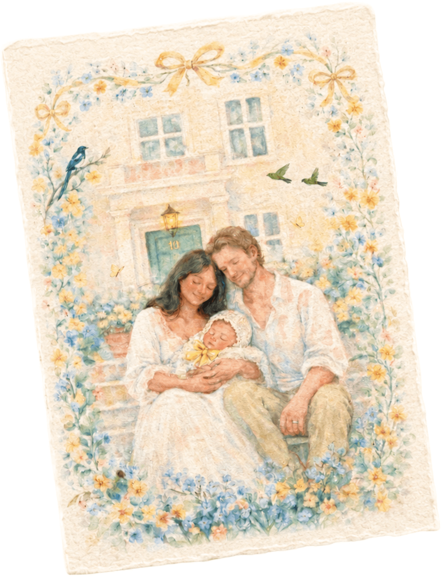 Personalised watercolour illustration of a couple holding their newborn outside a London home, surrounded by florals and birds — a bespoke baby announcement commission by Ottilie Paperie
